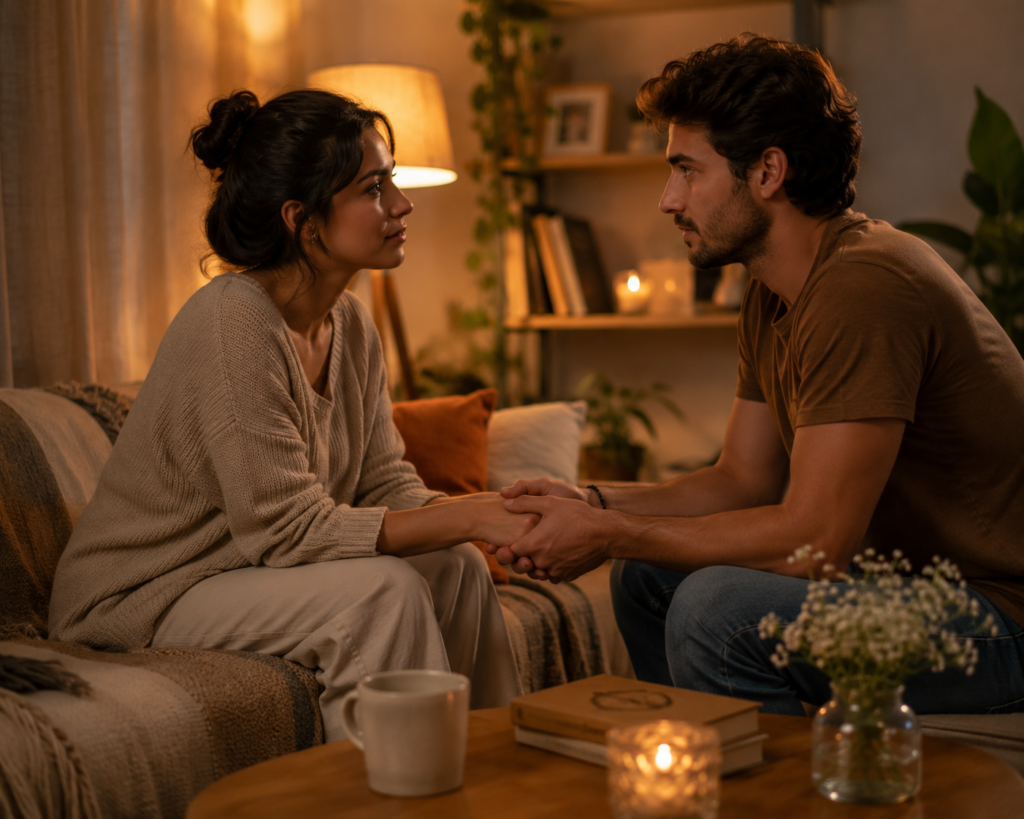 Tarot Amor: Como as Cartas Podem Ajudar Você a Ter um Relacionamento Mais Saudável e Feliz casal conversando