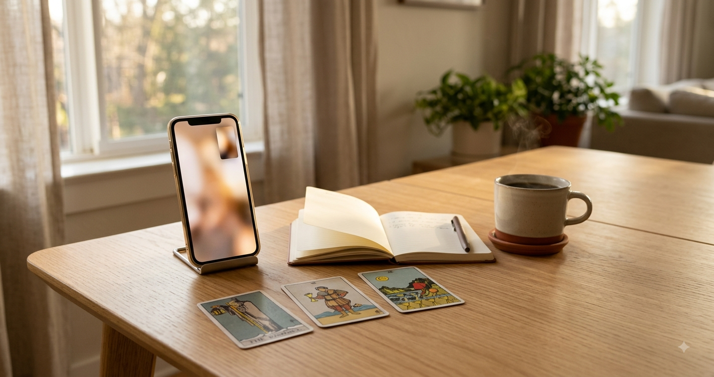 Cartas de tarot ao lado de um celular durante uma consulta por videochamada